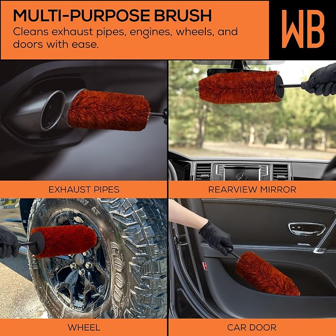 WB Premium Detailing Wheel Brush for All Vehicle Types – 17.7" Ultra-Soft and Scratch-Free Reusable Rim, Wheel, and Tire Brush for Deep Cleaning