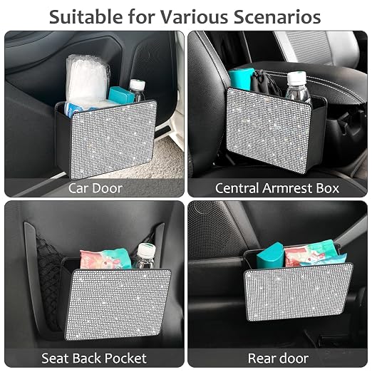 Bling Car Trash Can, Foldable Vehicle Trash Bin Dustbin Garbage Organizer Storage, Sparkling Crystal Rhinestone Trash Bags Holder Container with 30pcs Garbage Bag Car Accessories for Auto, SUV