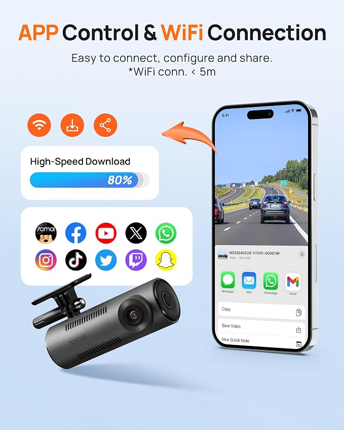 Dash Cam M310, Dash Camera for Cars 1296P QHD, Smart Dash Cam Front Built in WiFi, 130° Wide-Angle FOV, WDR, Night Vision, iOS/Android Mobile App, Loop Recording, Parking Monitor, Time-Lapse