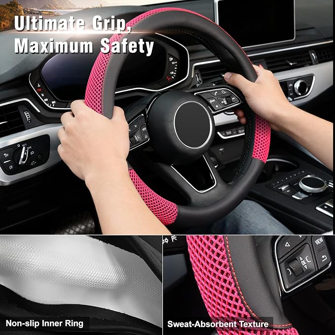 15 inch Steering Wheel Cover, Cooling Ice Silk Mesh with Microfiber Leather, Heat Resistant, Breathable, Anti-Slip, Summer Cool, Universal Fit, Black & Red