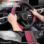 15 inch Steering Wheel Cover, Cooling Ice Silk Mesh with Microfiber Leather, Heat Resistant, Breathable, Anti-Slip, Summer Cool, Universal Fit, Black & Red