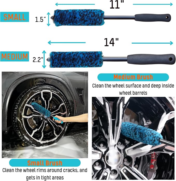7PCS Car Wheel Rims Detail Cleaning PRO Wash Kit, Wheel Wash Mitt, Tire Brush, 2PCS Soft Wheels Brush, Detailing Brush, and Tire Dressing Pads, Microfiber Dry Towel Scratch-Free Cleaning