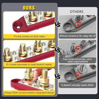Power Distribution Block Bus Bar, 4 x 5/16" Posts, 6 x #8 Screws Terminals, Max 48V 250A (Pair, Red & Black)