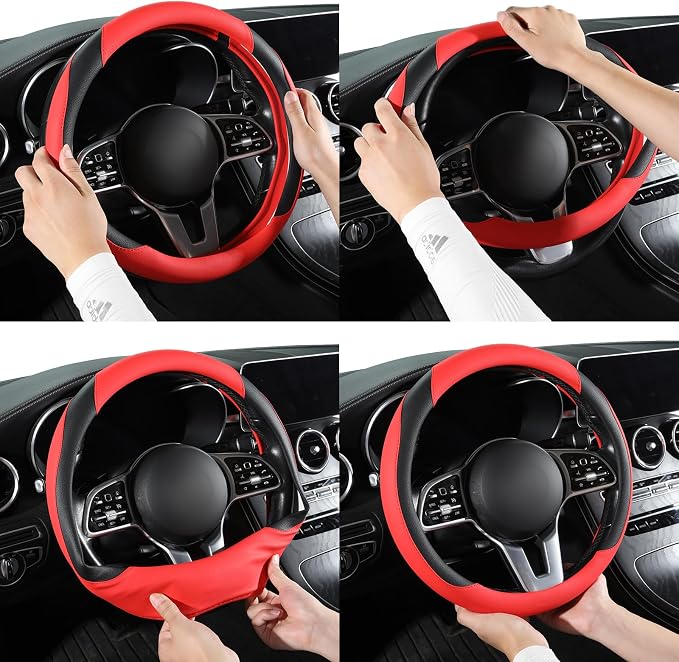 Car Steering Wheel Cover, Leather Steering Wheel Cover,Universal 15 inch Anti-Slip Comfortable Steering Wheel Covers Men Women (Red)