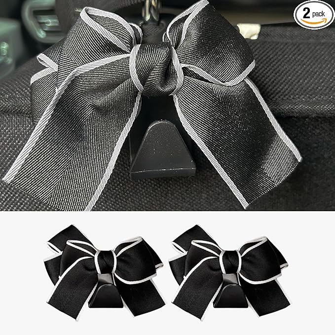 2PCS Car Seat Hooks, Cute Bow Car Seat Headrest Hooks for Purses, Bags, Umbrella, Universal Automotive Interior Decoration Accessoriesl for Vehicle, SUV, Sedan, Truck (White)