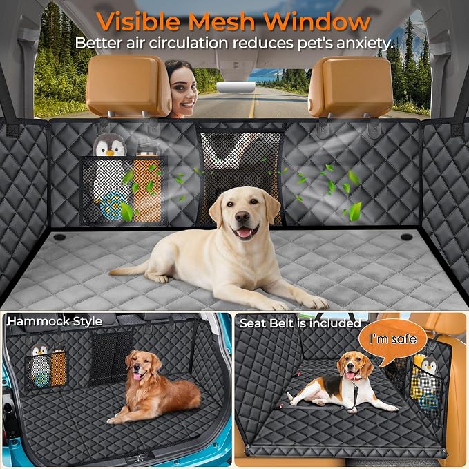 Dogs Back Seat Extender with Non-Slip Blanket, 2 in 1 Hard Bottom Dog Car Seat Cover & Removable Dog Car Bed Mat, Waterproof Dogs Hammock for Car and SUV, Pet Rear Seat Protector Holds 400lbs