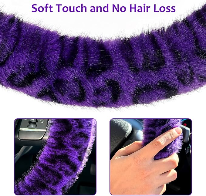 Fuzzy Car Steering Wheel Cover, Universal Fit Fur Car Wheel Cover & Handbrake Cover & Gear Shift Cover Set, Fluffy Fashion Leopard Print Auto Steering Wheel Protector for Women Girls(Purple)