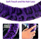 Fuzzy Car Steering Wheel Cover, Universal Fit Fur Car Wheel Cover & Handbrake Cover & Gear Shift Cover Set, Fluffy Fashion Leopard Print Auto Steering Wheel Protector for Women Girls(Purple)