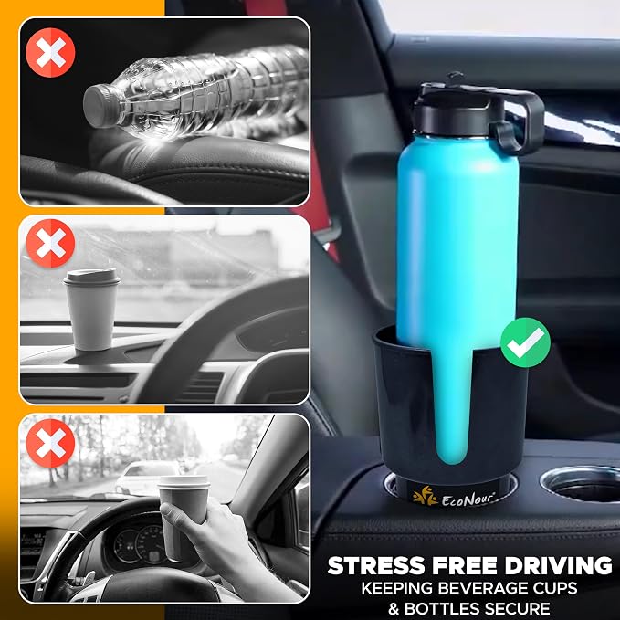 Car Cup Holder Expander | Fits 32/40 oz Hydro Flasks, Yeti, Nalgene & Large Bottles up to 3.8" | Universal Cup Adapter for Cars with 3.2" Holders – Black