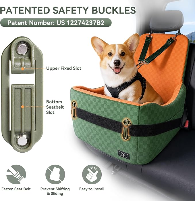 Dog Car Seat for Small/Medium Dogs Up to 35 lbs – Patented Safety System, 5" Memory Foam Pet Car Seat, Fully Detachable and Washable Cover, Front/Back Seat Travel Booster (Green & Orange)