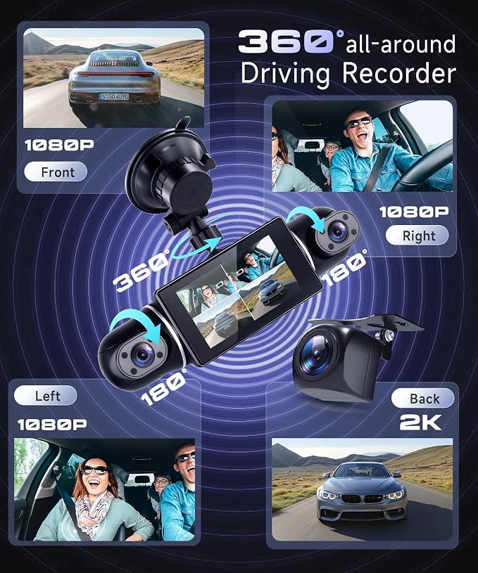 360° Dash Cam Front/Rear/Inside/Side 4-Channel Dash Camera FHD 2K+1080P×3 Car Dash Cam with WiFi, APP Control, 64GB SD Card Included, 8 IR Night Vision, G-Sensor, 24/7 Parking Mode