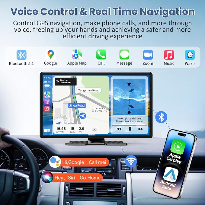Largest 11.3" Portable Apple Carplay Screen, Wireless Car Play & Android Auto Touch Screen, Car Stereo with App View/4K Dash Cam/Backup Camera/Mirror Link/Voice Control/Music Play