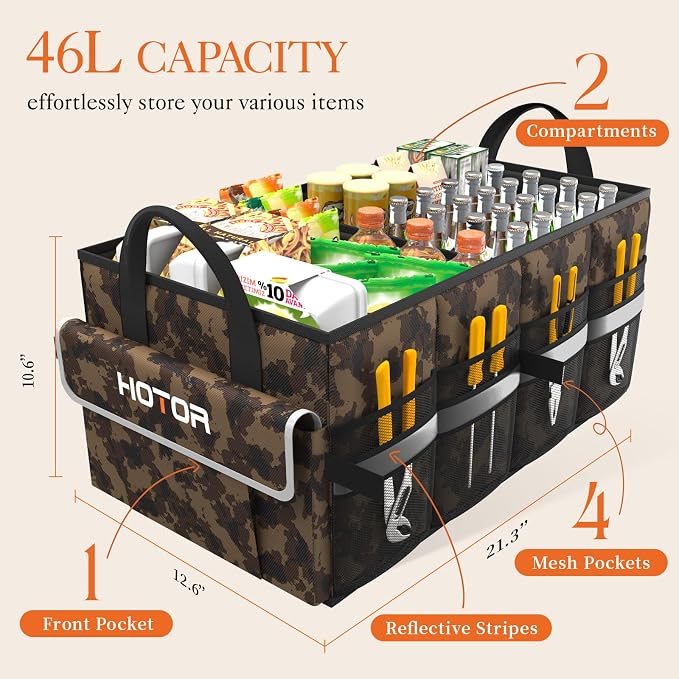 Trunk Organizer - Car Organizer with 5 Pockets, Trunk Organizer for SUV & Sedan, Car Organization with Sturdy Base Panel for Car Accessories, Brown Camouflage, 2 Compartments, 21.3"×12.6"×10.6"