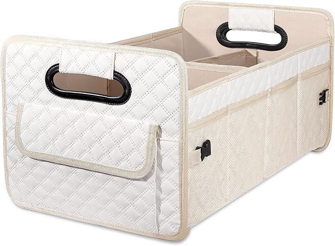 Car Trunk Organizer for SUV, Car Storage Organizer Collapsible Multi Compartment Container Box, Adjustable Car Accessories for Women/Men, Large Beige