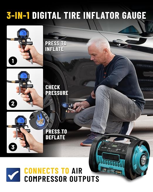 GERCHWAY Digital Tire Pressure Gauge with Inflator (3-200 PSI), Heavy Duty Air Chuck and Compressor Accessories with Swivel Air Chuck, Longer Hose, Large Display (0.1 Res)
