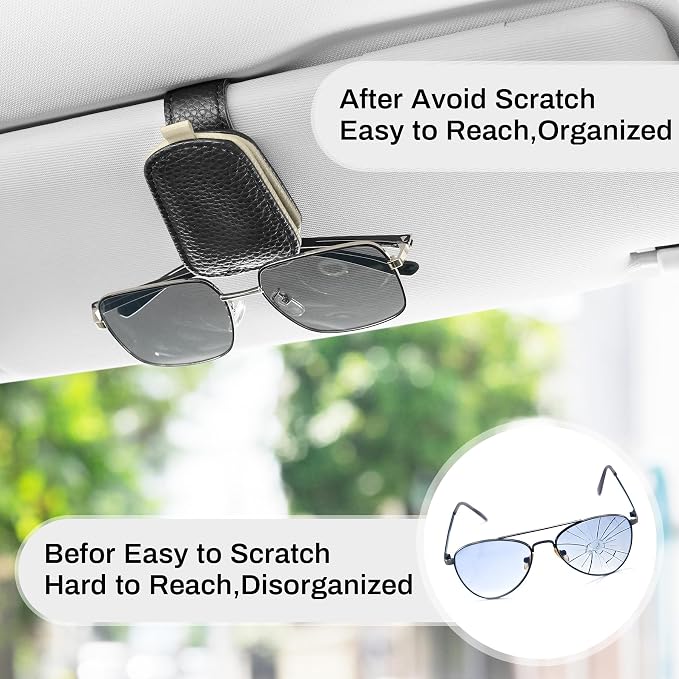 Sunglasses Holder for Car, Leather Magnetic Buckle Sun Visor Sunglass Clip, Ticket Card Storage Glasses Clip, Car Interior Accessories for Men and Women（2PCS Black-Beige）
