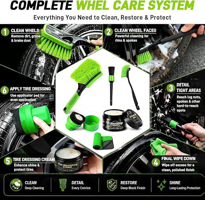 XINDELL Wheel & Tire Cleaning Kit, Deep-Reach Wheel Brush Set for Rims, Spokes, Lug Nuts and Tire Sidewalls, Scratch-Safe Car Detailing Tools with Covered Tire Shine Applicator | Not Just a Brush — A Complete Tire & Wheel Care System