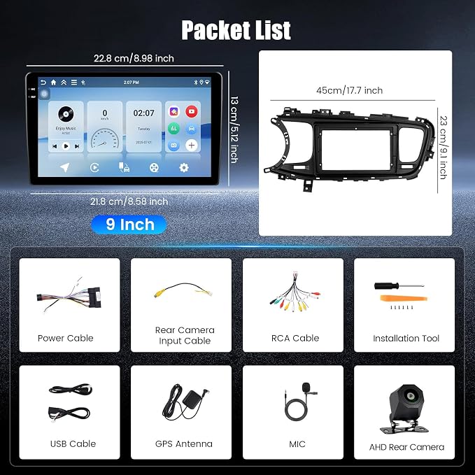 4+64G Android 15 Car Stereo for Kia Optima K5 2013-2015, 9” Touchscreen Radio with CarPlay, Android Auto, Bluetooth, GPS Navigation, WiFi, DSP, FM, RDS + AHD Backup Camera