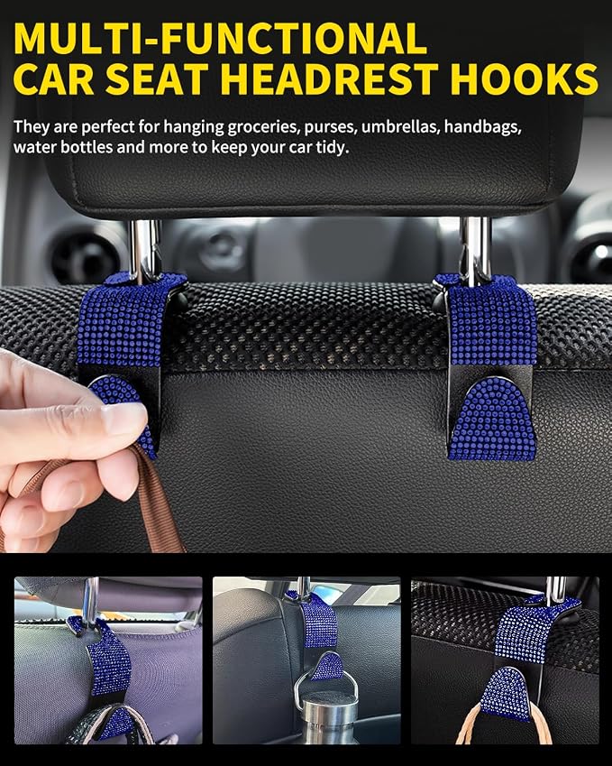 4 Pack Blink Diamond Car Seat Headrest Hooks Crystal Rhinestone Car Purse Holder Universal Car Interior Accessories for Handbags Water Bottles Purse Coats Umbrellas, Blue