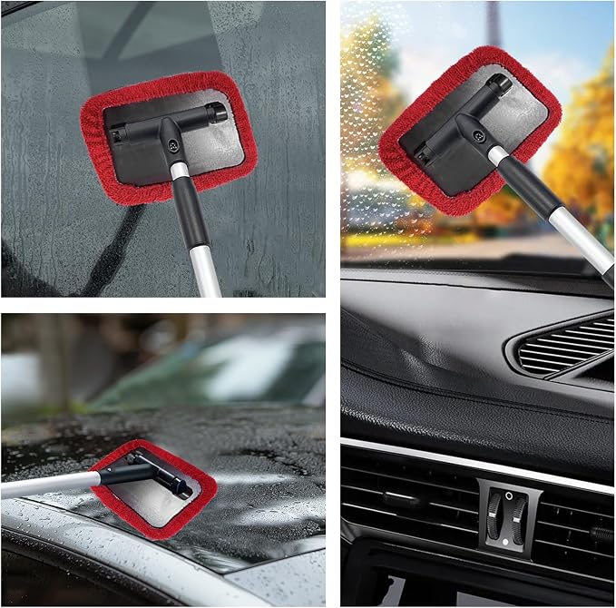 Car Windshield Cleaner Tool, Detachable Car Window Cleaner with Aluminum Extendable Handle & 2 Reusable Cloth Pads, Washable Vehicle Windshield Cleaning Wand for Exterior (Red)