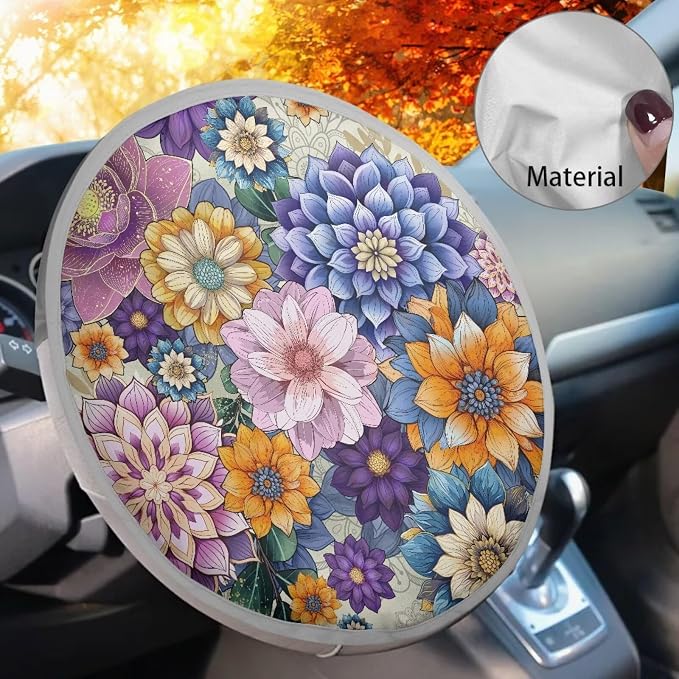 Steering Wheel Sun Cover Boho Floral Car Accessories for Women 17 inch Universal Anti-Heat Steering Wheel Sun Block Cover for Cars SUV Trucks Sedan