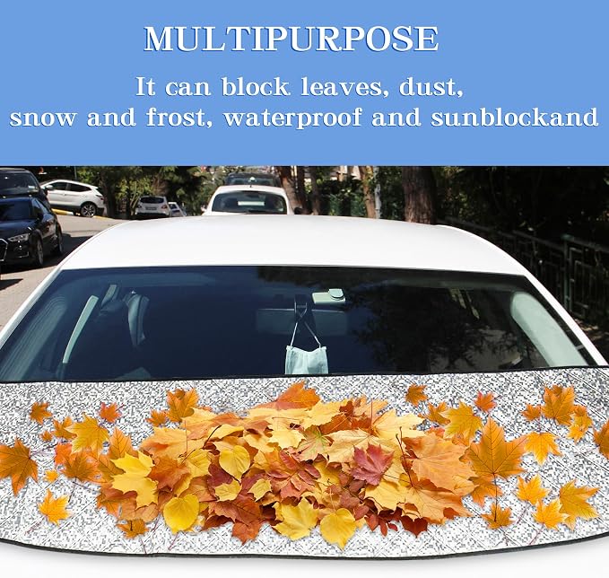 Car Front Windshield Cover Shade, 66.9"×17.7" Windshield Snow Cover for Fallen Leaf Dust and Snow, Universal Windshield Protector for All Seasons(Silver)