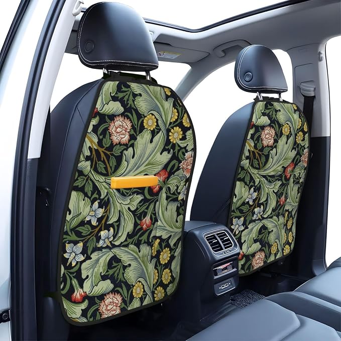 William Morris Green Floral Car Seat Back Kick Protectors Kick Mats With Storage Pockets For Vehicles To Protect From Dirt Mud Scratches 2 Pack