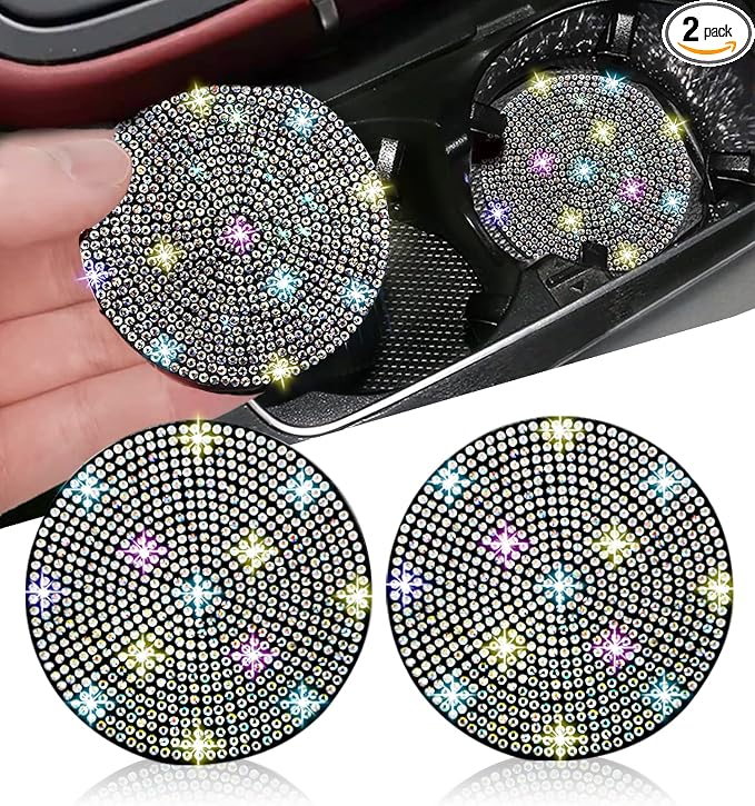 2pcs Bling Car Cup Holder Coaster, 2.75 inch Anti-Slip Shockproof Universal Fashion Car Coasters Insert Bling Crystal Rhinestone Automotive Interior Accessories for Women (2 pcs, Multicolor)