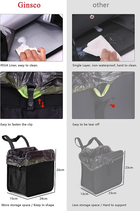 2 Gallons Open-Top Car Trash Can, Hanging Leakproof Car Trash Bag with Water-proof PEVA Liner, Stand Trash Bag for Cars Foldable Automotive Garbage Can for Cars SUV Truck RV Black