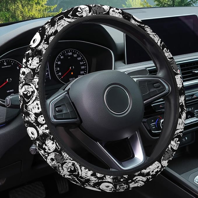 Black White Horror Steering Wheel Cover, Polyester Non-Slip Car Wheel Grip, Universal 15 Inch Auto Accessory