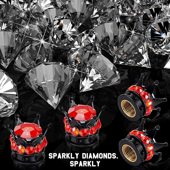 4 Pieces Crown Tire Valve Stem Caps Bling Handmade Crystal Rhinestone Universal Chrome Crown Vehicle Car Tire Caps Covers, Attractive Accessories for Car (Red and Black)