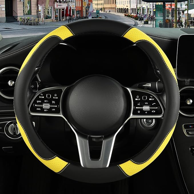 Black Yellow Breathable Microfiber Leather Steering Wheel Cover | Breathable Anti Slip Grip Cool Sporty Look Glow for Women Men