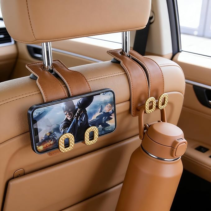 Car Headrest Hooks Universal Car Purse Hook Premium Leather and Alloy Twin Hook Car Seat Back Storage Hanger Hook for Purse Bags Cloth Drink Durable Holder Car Accessories (BH09-Brown-Gold)