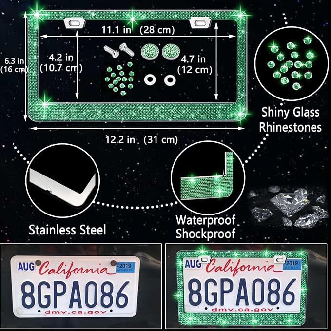27 PCs Green Bling Car Accessories Set for Women, Steering Wheel Covers Universal Fit 15 Inch, Bling License Plate Frame, Bling Phone Holder, Bling Car Coasters (Green Diamond)