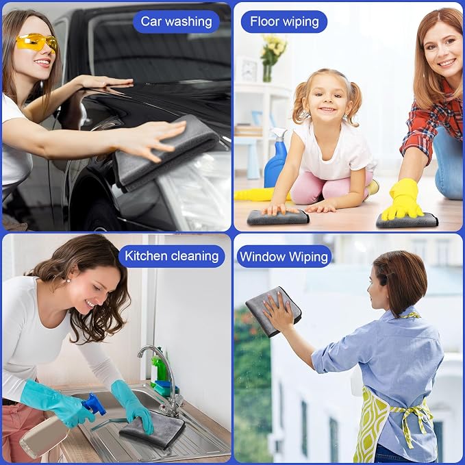 12 Pcs Microfiber Towels for Cars, 800 GSM Plush Drying Cleaning Cloth Bulk, 16 x 16 Inch Thick Absorbent Wash Detailing Towels for Car Polishing, House, Kitchen Cleaning(Gray)