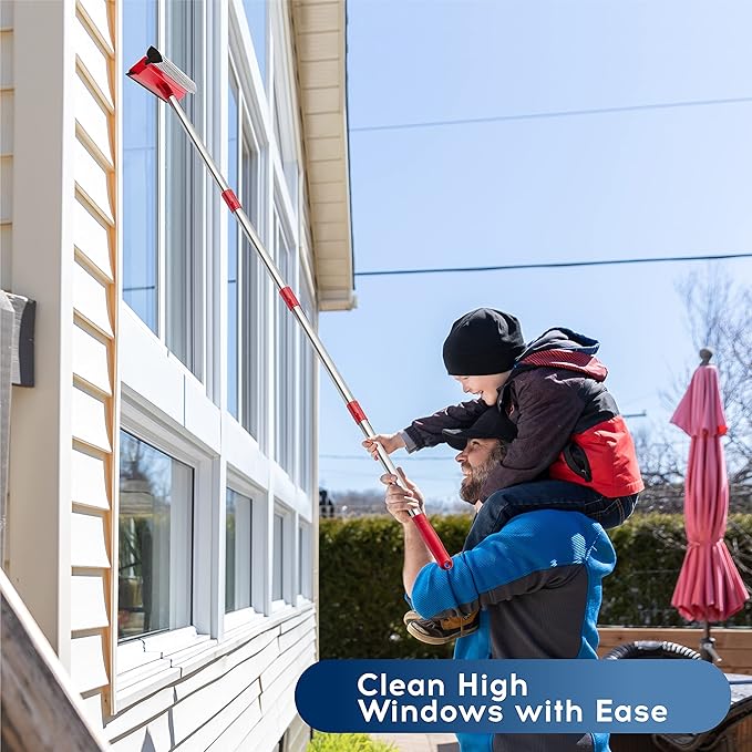 Window Squeegee, 2-in-1 Window Cleaner with 55" Extension Poles, Window Washing Kit, Glass Door Cleaner, Multi-Use Car Windshield Cleaning Tool with Long Handle for High Outdoor Windows