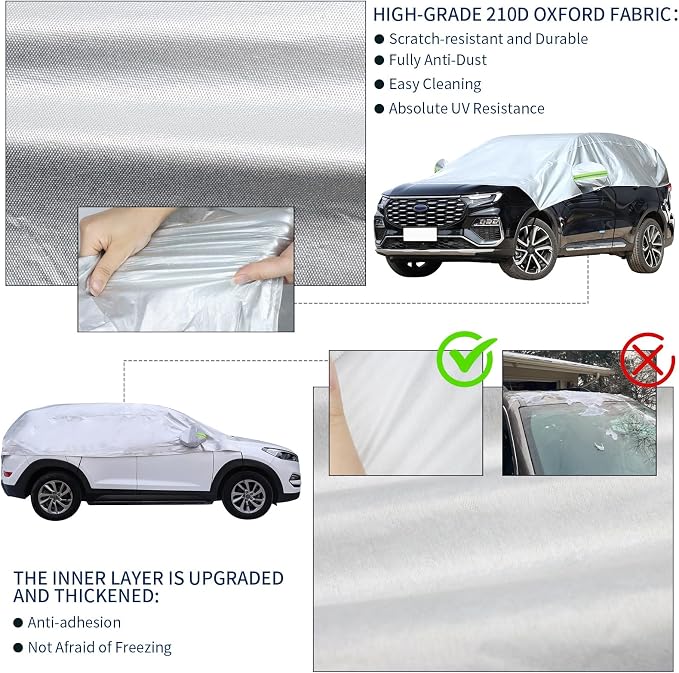 Hrozny Half Car Cover, Car Windshield Cover for Ice and Snow with Reflective Straps, Car Snow Cover Universal Fit for Most Cars (SUV)