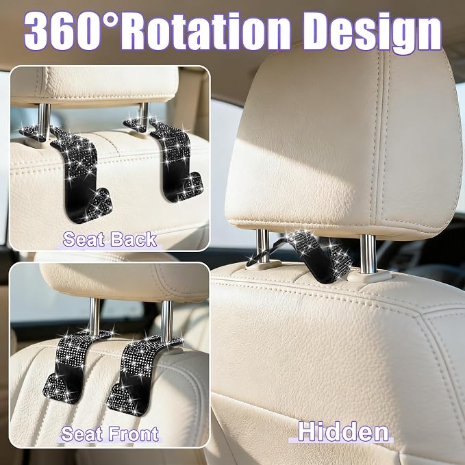 6 Pack Bling Car Seat Headrest Hooks, Car Accessories for Women, Rhinestone Purse Hook for Car, Universal Storage Organizer for Handbag Grocery Bags Coats (Bling Black)