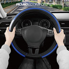 Leather Steering Wheel Cover – Black & Blue, Universal Fit 14.5-15 Inch, Microfiber Leather, Anti-Slip & Breathable Design for Men and Women