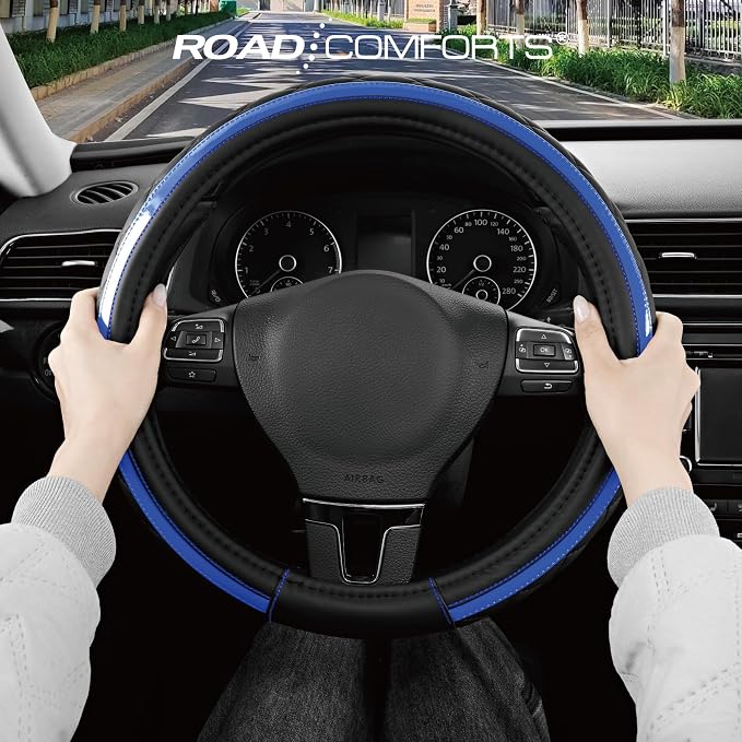 Leather Steering Wheel Cover – Black & Blue, Universal Fit 14.5-15 Inch, Microfiber Leather, Anti-Slip & Breathable Design for Men and Women