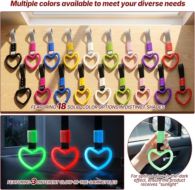 2 Pcs Heart Shaped Car Handle Strap – JD M Drift Charm Rear Bumper Warning Ring Decor for Car Interior Exterior, Subway Bus Handle Accessory, Cute Heart Car Decor Gift for Drivers (Red-Silver)
