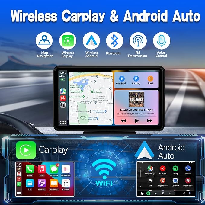 Carplay Screen for Car, 7" HD Wireless Apple Carplay & Android Auto, Portable Touchscreen Car Stereo with Backup Camera, Bluetooth, Mirror Link, Voice Control, GPS, FM, AUX, Car Play for All Vehicles