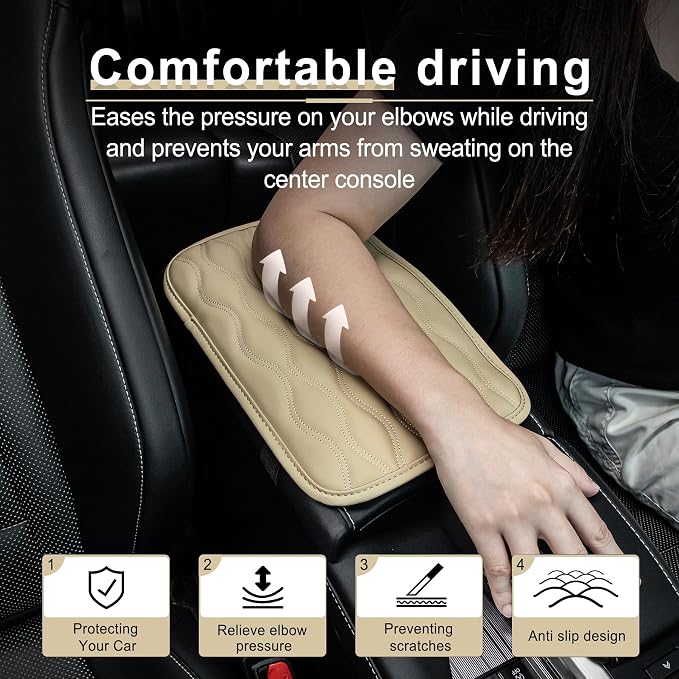 Car Center Console Cover, Upgraded Leather Car Armrest Cushion, Universal Waterproof Cushion Pad, Non-Slip Car Interior Accessories, Fits Most Sedans SUVs Trucks (Beige)