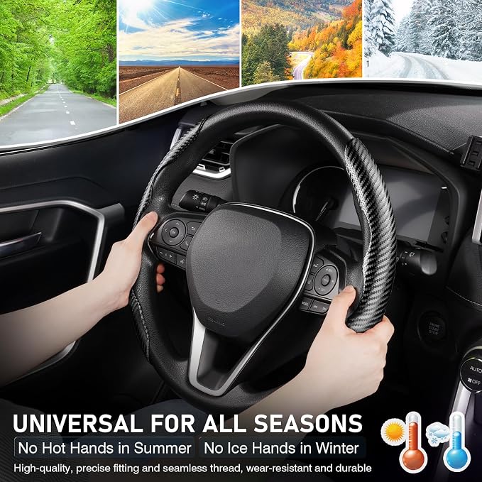 Carbon Fiber Steering Wheel Cover - Anti-Slip, Steering Wheel Cover for Men/Women - Durable, Universal Car Accessory (Black)