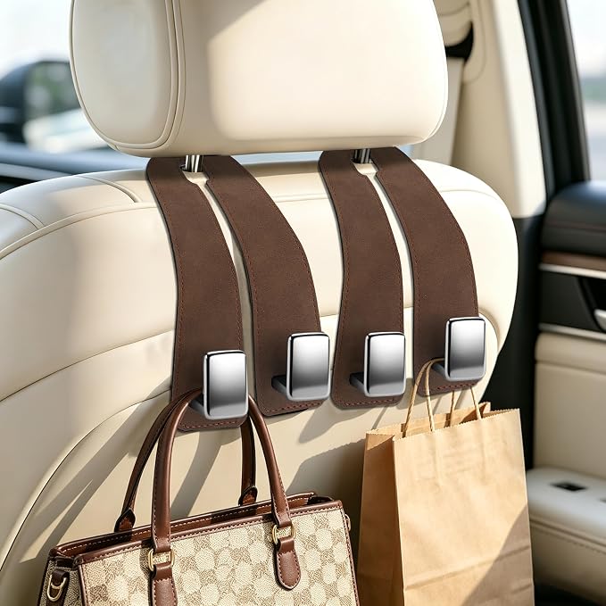 Car Headrest Hooks, Premium Suede with Metal Car Seat Back Storage Hooks for Handbag Coats Umbrella Backpack - 4 Pack, Brown