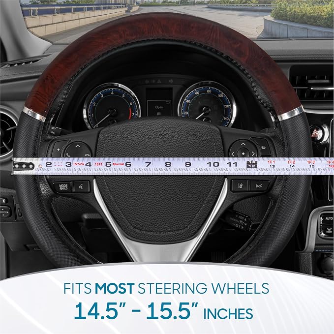 Dark Wood Grain Car Steering Wheel Cover, Standard 15 inch with Black Faux Leather Grip, Made to Fit Most Auto Truck Van SUV