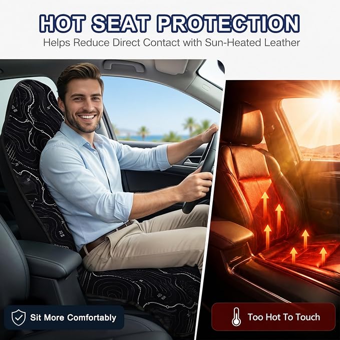 Car Seat Towel Cover 2 Pack for Front Seats, Sweat Absorbent Car Seat Protector with Non-Slip Backing, Waterproof Towel Car Seat Covers for Runners, Gym, Swimming, Beach, Pets, Trail Map