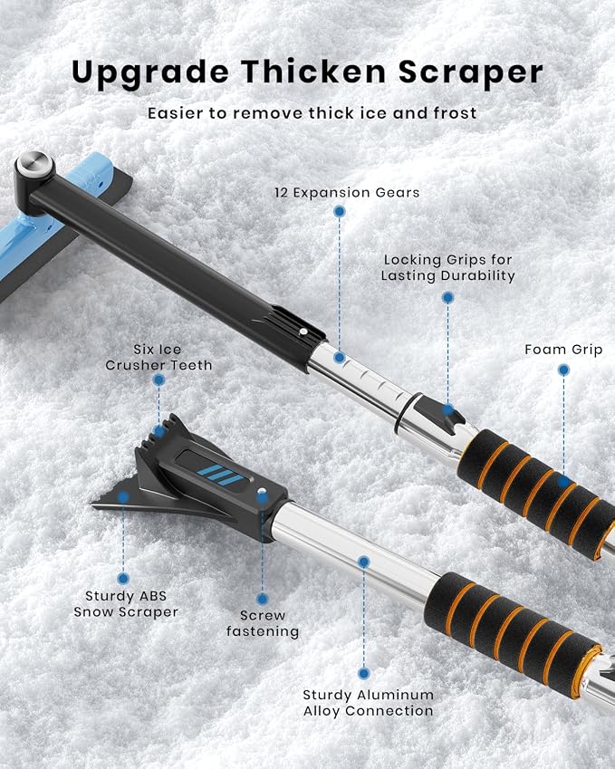 43.7" Extendable Ice Scrapers for Car Windshield for 12 Adjustable Length Settings with Foam Grip and 360° Pivoting Brush Head Detachable Snow Brush for Truck SUV(Blue)