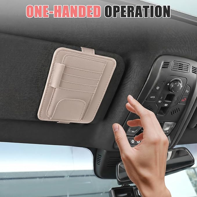 Sunglass Holder for Car Visor, Multi-Pocket Leather Car Sun Visor Organizer with Ticket Pens Card Clip, Sunglasses Holders,Suitable Eyeglasses,Car Accessories Keep Tidy (Grey)