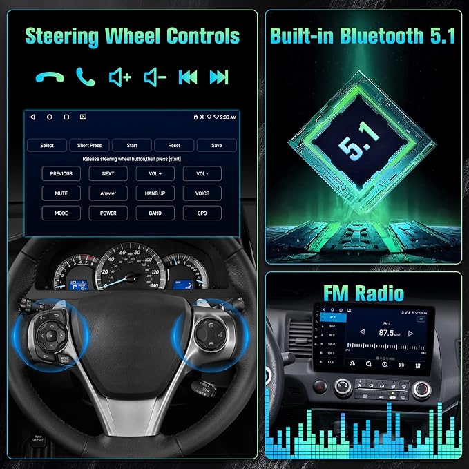 8-Core 4+64GB Upgrade Car Radio for Honda Civic 2006 2007 2008 2009 2010 2011 Stereo with Carplay Android Auto, 10.1" Touch Screen for Civic with GPS/WiFi/BT/FM/SWC + MIC + Backup Camera